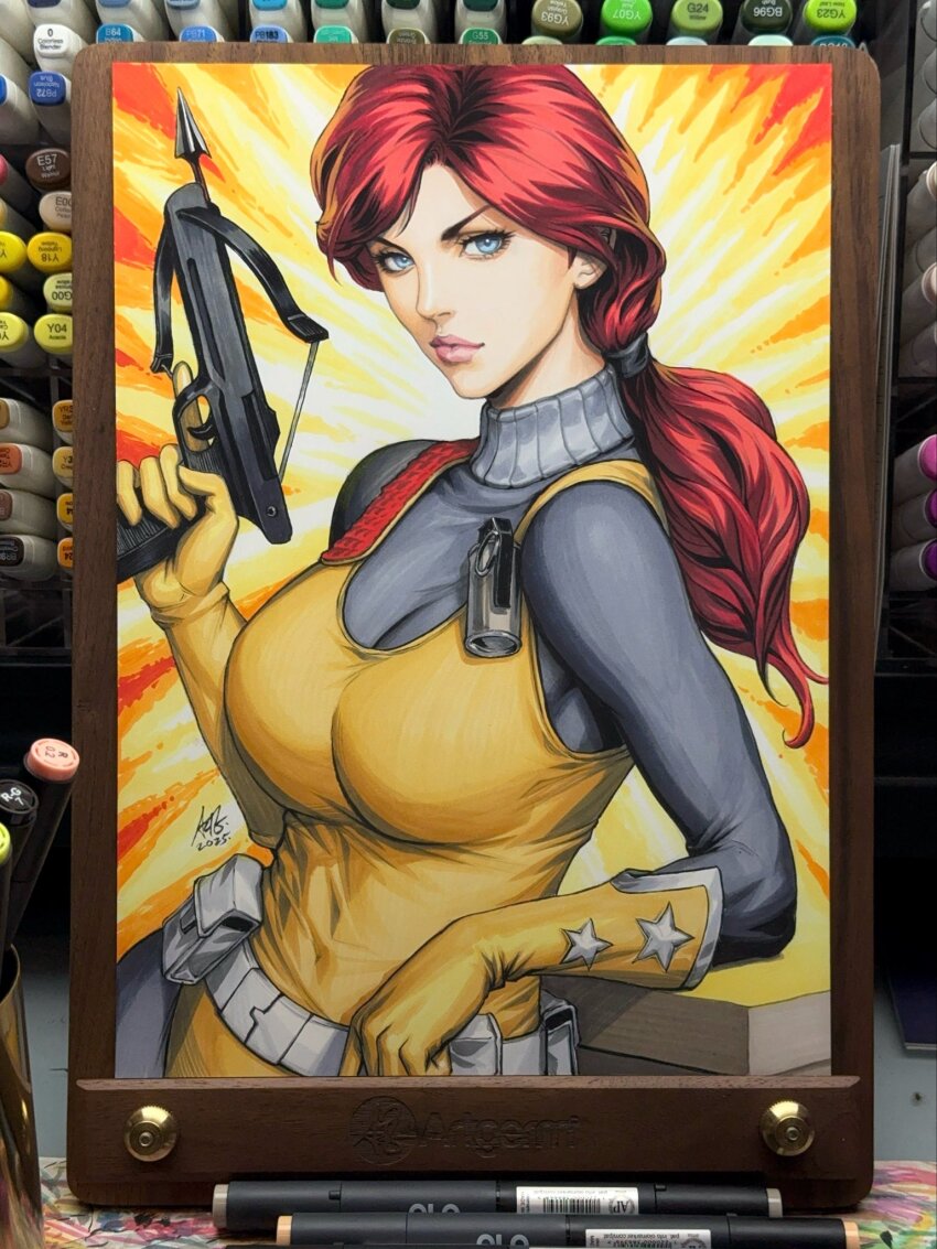 1girl armpits artist_name belt belt_buckle belt_pouch blue_eyes bodysuit bow_(weapon) breasts buckle closed_mouth company_name covered_collarbone covered_navel crossbow explosive g.i._joe gloves grenade grey_bodysuit hair_between_eyes hair_tie highres holding holding_weapon leaning_to_the_side leotard lips lipstick long_hair long_sleeves looking_at_viewer makeup medium_breasts pink_lips ponytail pouch red_hair scarlett_(g.i._joe) simple_background skin_tight solo stanley_lau trigger_discipline turtleneck weapon white_belt yellow_gloves yellow_leotard