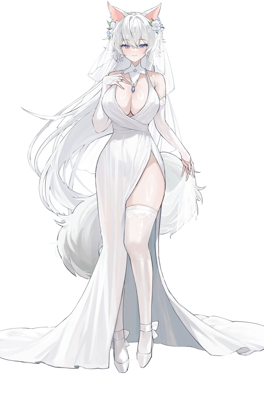 1girl absurdres animal_ears blue_eyes blush breasts bridal_gauntlets cleavage closed_mouth commentary_request dress full_body grey_hair gurami_(zangizarang) hair_between_eyes hand_on_own_chest highres large_breasts long_hair looking_at_viewer original simple_background smile solo standing tail thighhighs very_long_hair wedding_dress white_background white_bridal_gauntlets white_dress white_thighhighs