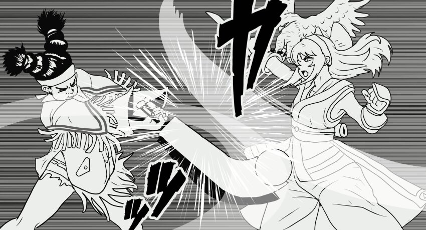 2girls ainu_clothes armpit_peek armpits attack black_hair braid breasts capcom clash clenched_hand closed_eyes crossover fingerless_gloves gloves hair_ribbon half-closed_eyes highres legs lily_hawk long_hair mamahaha multiple_girls nakoruru native_american open_mouth raydash30 ribbon samurai_spirits serious shorts small_breasts snk street_fighter street_fighter_6 the_king_of_fighters the_king_of_fighters_xv thighs tongue twin_braids weapon