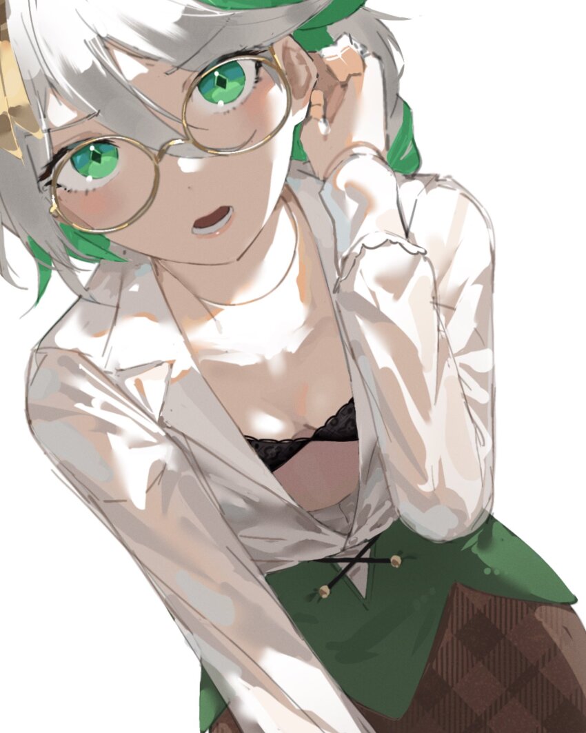 1girl bespectacled black_bra bra breasts brown_skirt cecilia_immergreen commentary diamond-shaped_pupils diamond_(shape) doll_joints dutch_angle english_commentary glasses green_eyes green_hair hair_ornament highres hololive hololive_english houndstooth joints looking_at_viewer multicolored_hair open_clothes partially_unbuttoned print_skirt radical_highway round_eyewear short_hair simple_background skirt small_breasts solo streaked_hair symbol-shaped_pupils tucking_hair underwear upper_body virtual_youtuber white_background white_hair winding_key yellow-framed_eyewear