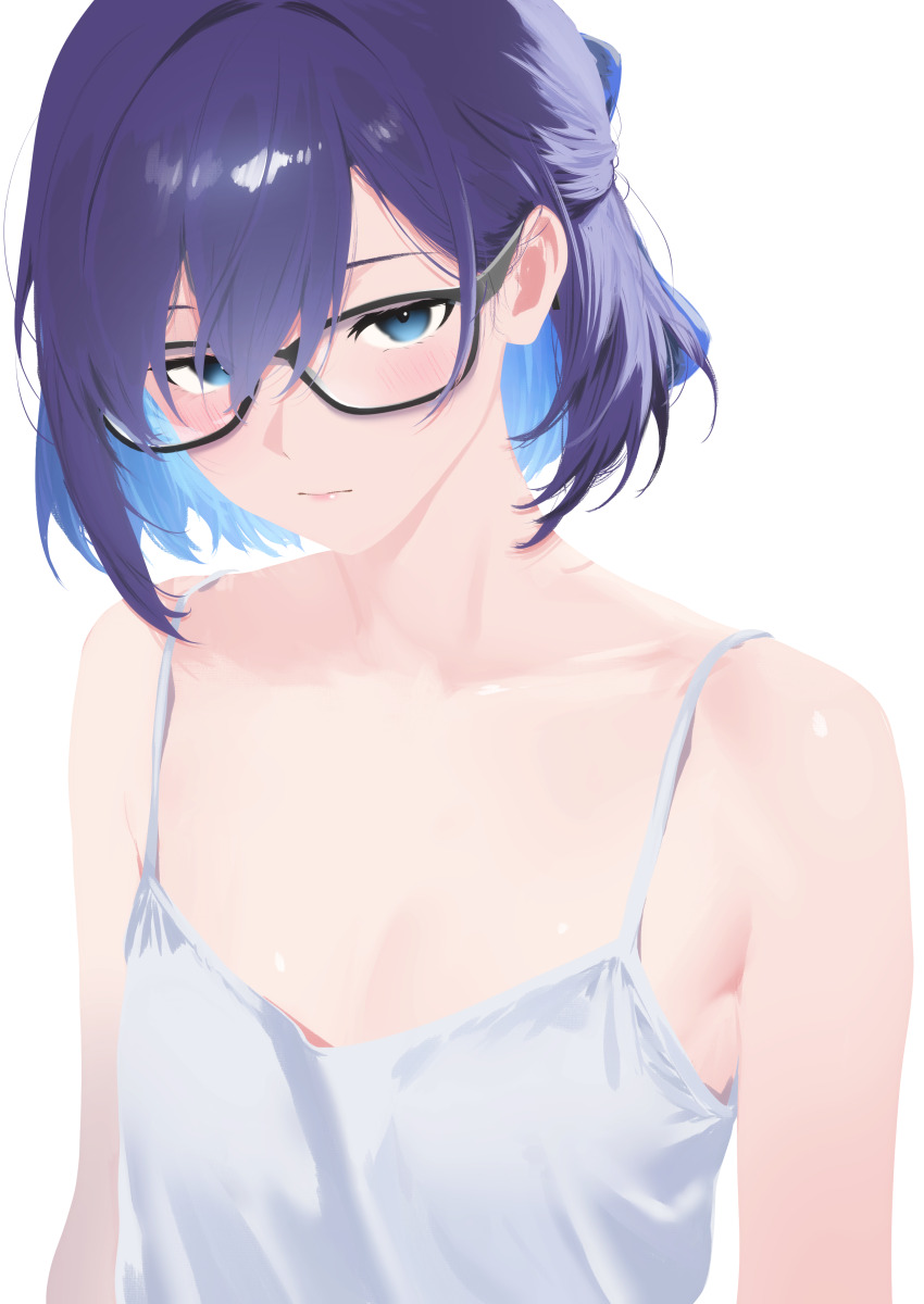 1girl a-chan_(hololive) absurdres alternate_costume black-framed_eyewear blue_bow blue_eyes blue_hair blush bow breasts camisole closed_mouth cohi27151463 colored_inner_hair double-parted_bangs glasses hair_between_eyes hair_bow highres hololive looking_at_viewer multicolored_hair purple_hair short_hair simple_background small_breasts solo two-tone_hair upper_body virtual_youtuber white_background white_camisole
