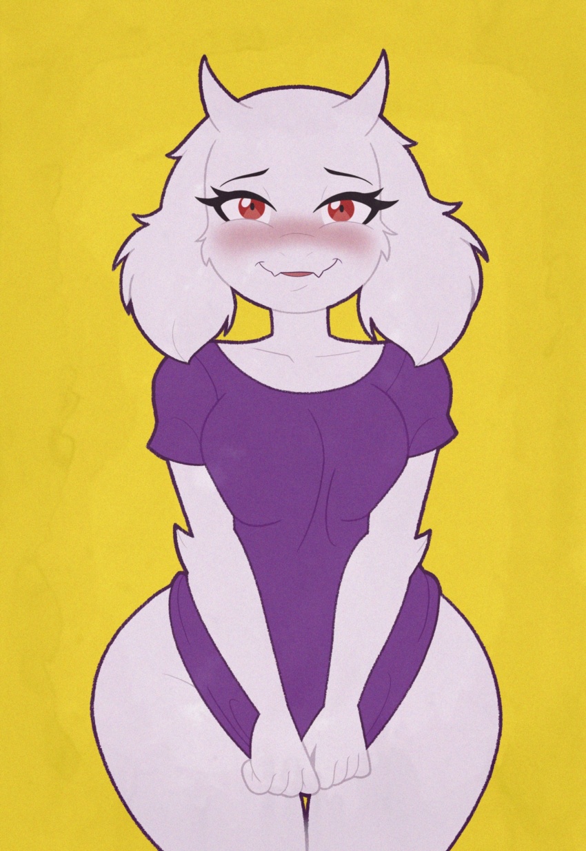 1girl bottomless commentary english_commentary furry furry_female highres horns kinggargantuas large_variant_set no_panties no_pants purple_shirt shirt single_horn solo toriel undertale utdr_(toby_fox) variant_set