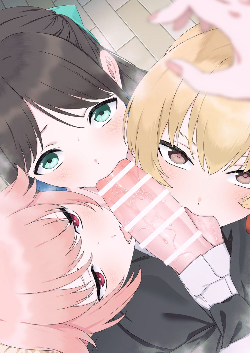 1futa 3girls absurdres after-school_sweets_club_(blue_archive) airi_(blue_archive) bar_censor black_hair blonde_hair blue_archive blush brown_eyes censored clothes_around_waist cooperative_fellatio erection fellatio futa_with_female futanari futanari_pov green_eyes hair_between_eyes harem highres jacket jacket_around_waist kazusa_(band)_(blue_archive) kazusa_(blue_archive) loli long_hair looking_at_viewer multiple_girls natsu_(blue_archive) open_mouth oral penis pink_hair pov red_eyes saliva skirt tadano_sensei teamwork_(sexual) testicle_sucking veins veiny_penis white_skirt yoshimi_(blue_archive)