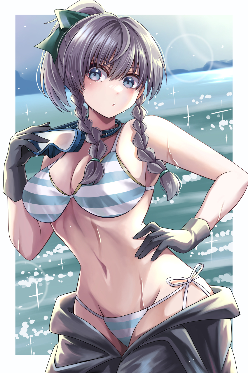 1girl absurdres alternate_costume alternate_hairstyle armpits bikini blue_eyes braid breasts cleavage commentary_request gloves grey_hair happy_ginko highres huge_breasts izayoi_sakuya izayoi_sakuya_(perfect_and_elegant_beach_hunter) looking_at_viewer navel ocean outdoors ponytail revision solo stomach swimsuit touhou touhou_lostword twin_braids undressing wet