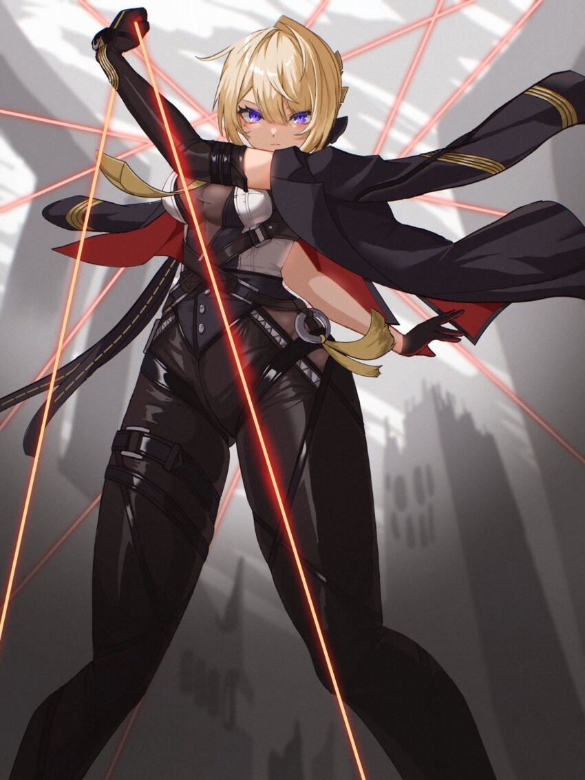 1girl absurdres black_gloves black_jacket black_pants blonde_hair blush breasts cleavage closed_mouth commentary_request elbow_gloves evelyn_chevalier gloves highres holding holding_string jacket large_breasts leather leather_pants long_hair looking_at_viewer pants purple_eyes remynoue shirt solo string string_of_fate white_shirt zenless_zone_zero