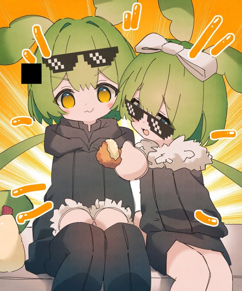 :3 animal_ears bird black_jacket blush bow chicken chicken_(food) closed_mouth deal_with_it_(meme) dual_persona eating eyewear_on_head food fried_chicken fur_trim genderswap genderswap_(ftm) green_hair highres jacket mayonnaise mayonnaise_bottle n_u open_mouth pale_skin rayman_limbs sunglasses sunglasses_on_head tail voiceroid voicevox yellow_eyes zundamon