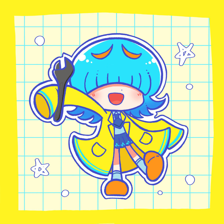 1girl aqua_hair blue_necktie blue_outline blue_shirt blue_skirt blue_socks blunt_bangs border chaoolong0416 chibi chibi_only collared_shirt commentary_request full_body grid_background hair_over_eyes highres holding holding_wrench jacket long_bangs long_sleeves medium_hair necktie open_clothes open_jacket orange_shoes original outline shirt shoes skirt sleeves_past_fingers sleeves_past_wrists socks solo star_(symbol) white_outline wrench yellow_border yellow_jacket