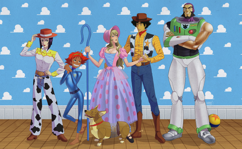 absurdres blonde_hair blue_eyes bo_peep_(toy_story) bo_peep_(toy_story)_(cosplay) breasts buzz_lightyear buzz_lightyear_(cosplay) cleavage cosplay couple cowboy_bebop curly_hair edward_wong_hau_pepelu_tivrusky_iv ein_(cowboy_bebop) faye_valentine flower green_hair highres jet_black julia_(cowboy_bebop) lipstick luzemjapones luzemjapones makeup sheriff_woody sheriff_woody_(cosplay) slinky slinky_(cosplay) spike_spiegel toy_story