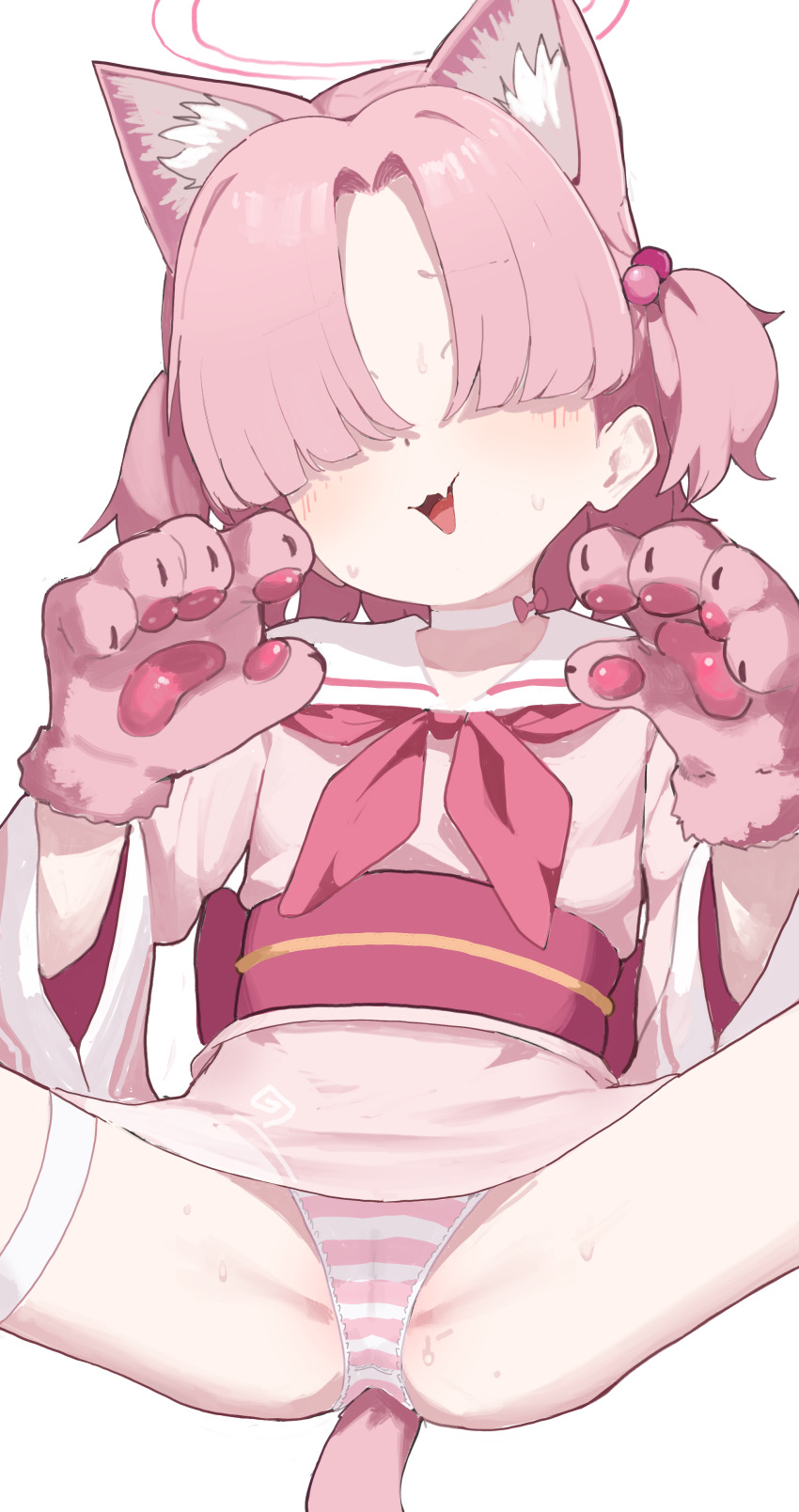 1girl absurdres animal_ears animal_hands blue_archive cameltoe cat_ears cat_tail chlorella_observation_club_member_(blue_archive) choker gloves hair_over_eyes halo highres japanese_clothes loli mirumiruchan neckerchief panties paw_gloves pink_hair pink_halo simple_background solo spread_legs striped_clothes striped_panties tail underwear white_background white_choker