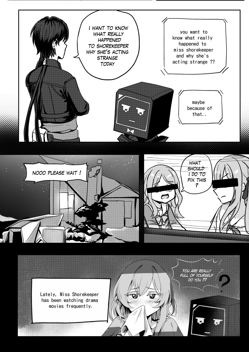 ? absurdres blush censored censored_identity colored_eyelashes commentary covering_own_mouth english_commentary english_text flareza ganguro greyscale gyaru highres holding_tissue idia_shroud indoors jacket male_rover_(wuthering_waves) monochrome rover_(wuthering_waves) shirt wuthering_waves