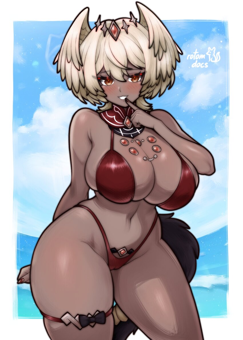 1girl :3 absurdres artist_name bare_arms bare_shoulders bikini blue_sky blush breasts cleavage cloud commentary commission cowboy_shot dark-skinned_female dark_skin english_commentary finger_to_mouth gem gem_hair_ornament hair_wings highres huge_breasts jewelry ko-fi_commission nail_polish navel ocean original red_bikini rotomdocs signature sky smile solo standing stomach swimsuit thick_thighs thigh_strap thighs