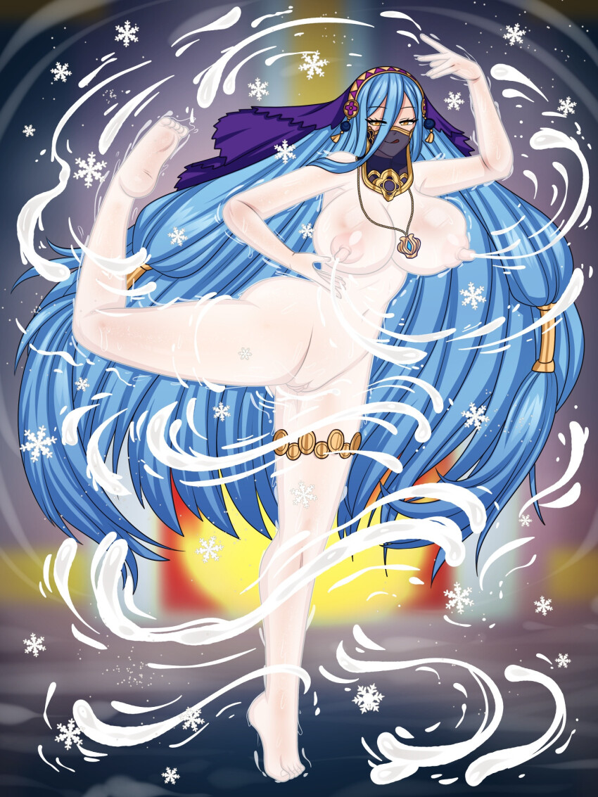 1girl azura_(fire_emblem) azura_(lady_of_ballads)_(fire_emblem) barefoot blue_hair breasts clitoris commission covered_in_milk dancer dancing female_focus fire_emblem fire_emblem_fates fire_emblem_heroes highres huge_breasts jewelry lactation large_areolae long_hair long_nipples looking_at_viewer loutani magic milk milk_stream milkbending mouth_veil nintendo nipples nude pendant perky_breasts pole pole_dancing princess puffy_nipples pussy pussy_juice snowflakes solo story_at_source stripper_pole tagme thick_thighs thighs veil very_long_hair wide_hips yellow_eyes