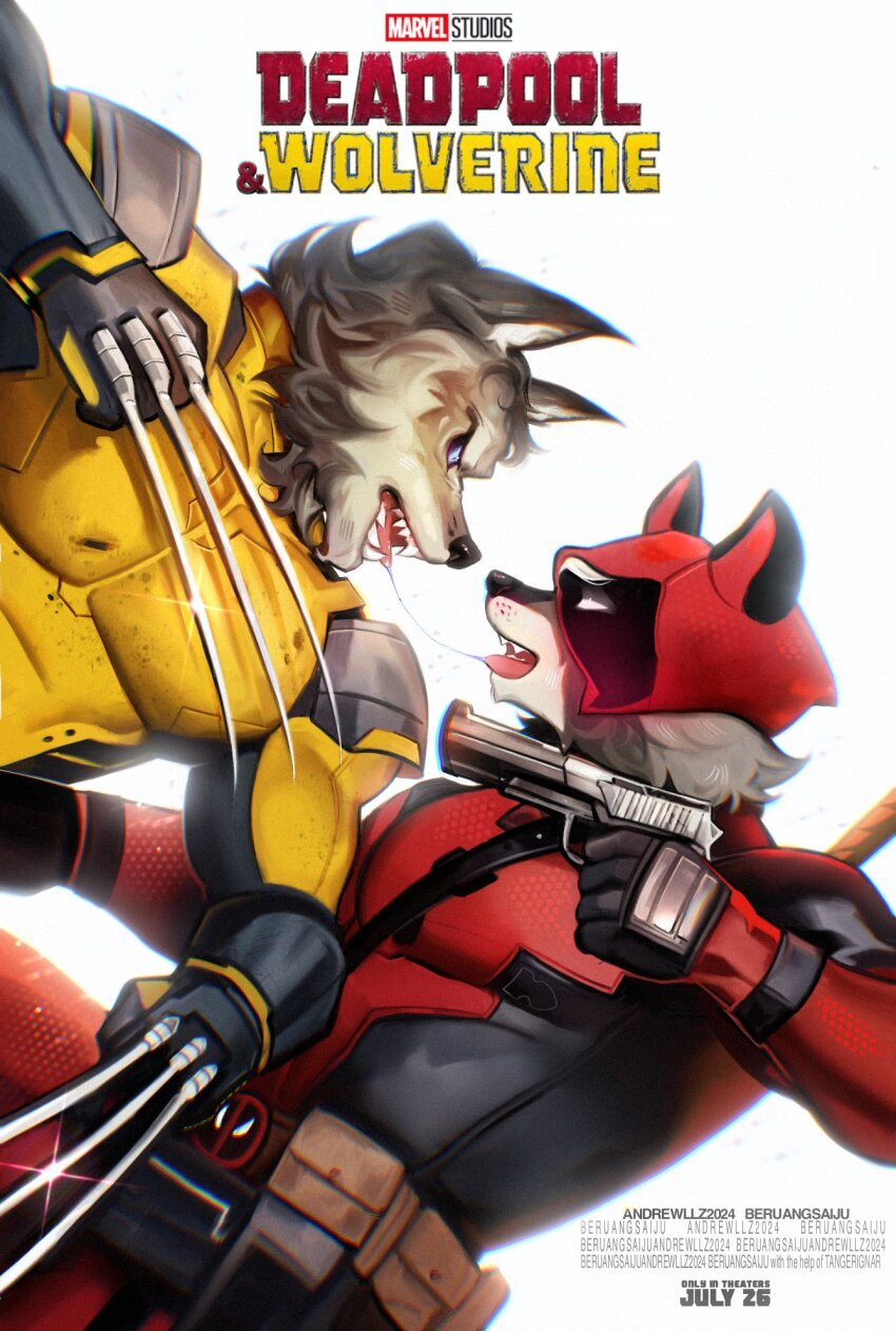 2boys after_kiss andrewllz_(sleepyandrewllz) animal_ears artist_name blue_eyes character_name claws commentary copyright_logo copyright_name dated deadpool deadpool_&amp;_wolverine deadpool_(series) english_commentary facing_another fangs furrification furry furry_male gun highres holding holding_gun holding_weapon logo looking_at_viewer male_focus marvel movie_poster_(medium) multiple_boys open_mouth poster_parody raccoon_boy saliva saliva_trail sheath sheathed sparkle sword weapon weapon_on_back white_background wolf_boy wolf_ears wolverine_(x-men) x-men yaoi