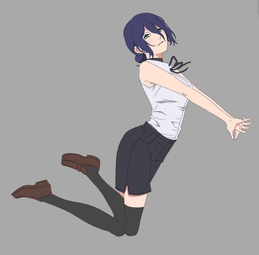 1girl bare_arms bare_shoulders black_choker black_ribbon black_shorts black_thighhighs blue_hair breasts brown_shoes chainsaw_man choker floating full_body green_eyes grey_background hair_between_eyes hair_bun highres light_blush loafers looking_at_viewer medium_breasts medium_hair nagasawa_reiko_(animator) neck_ribbon outstretched_arms own_hands_together parted_lips reze_(chainsaw_man) ribbon shirt shoes shorts sleeveless sleeveless_shirt solo thighhighs updo white_shirt