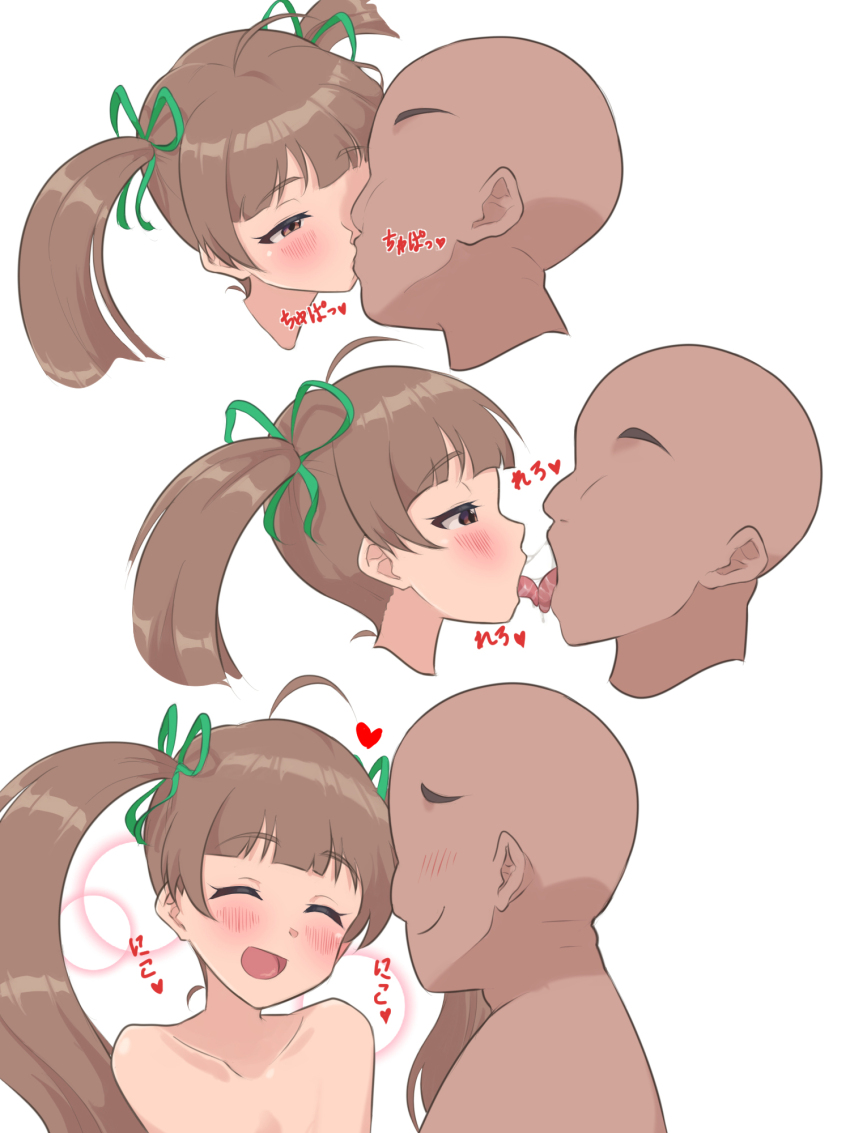 1boy 1girl ahoge bald blush brown_eyes brown_hair closed_eyes closed_mouth collarbone commentary_request cropped_head faceless faceless_male french_kiss green_ribbon hair_ribbon hakozaki_serika heart hetero highres idolmaster idolmaster_million_live! kiss kuda_r18 long_hair looking_at_another multiple_views nude open_mouth ribbon saliva simple_background smile tongue tongue_out twintails white_background