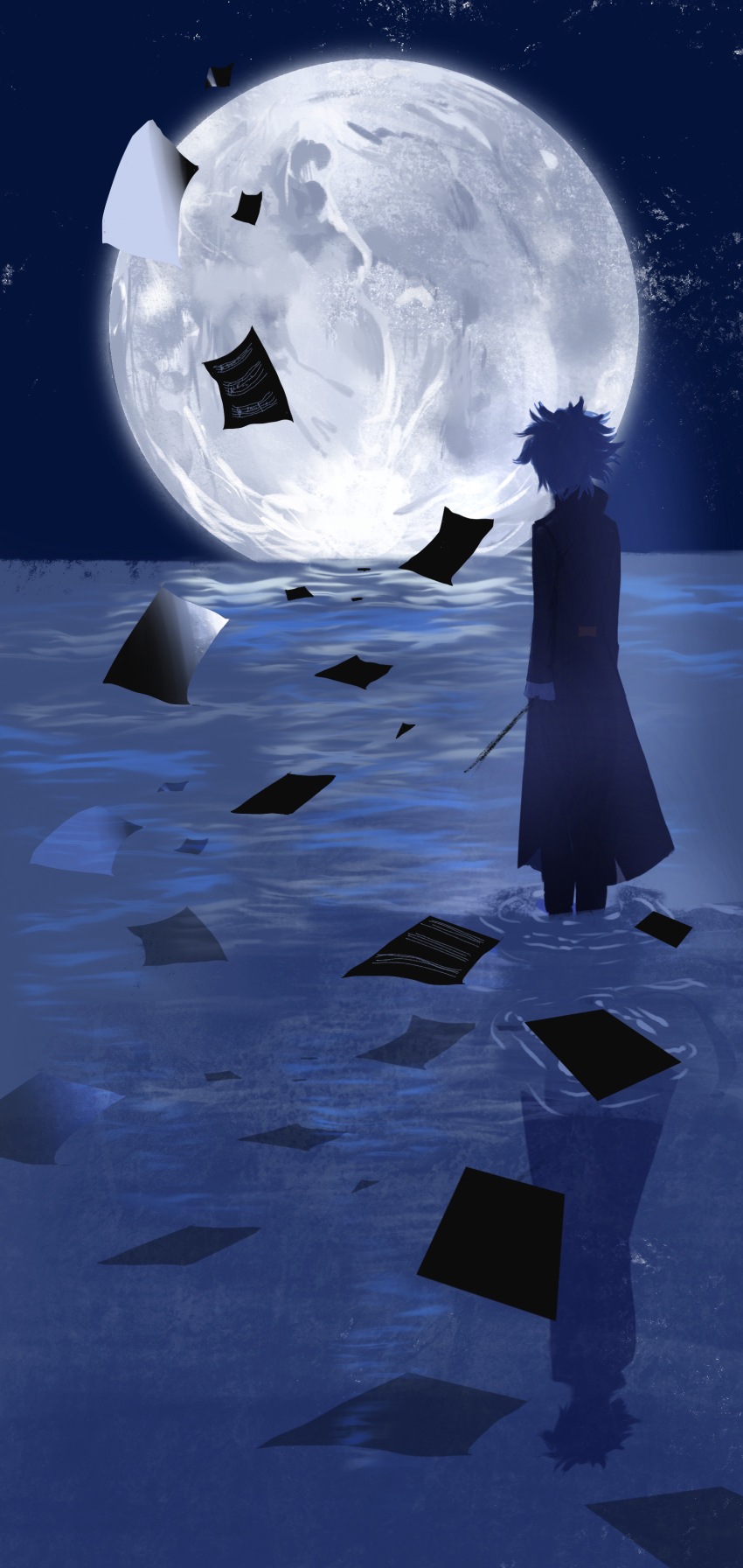 absurdres black_coat classicaloid coat commentary_request conductor_baton elena519 facing_away full_moon highres long_sleeves ludwig_van_beethoven_(classicaloid) moon night ocean paper ripples sheet_music short_hair standing wading wide_shot