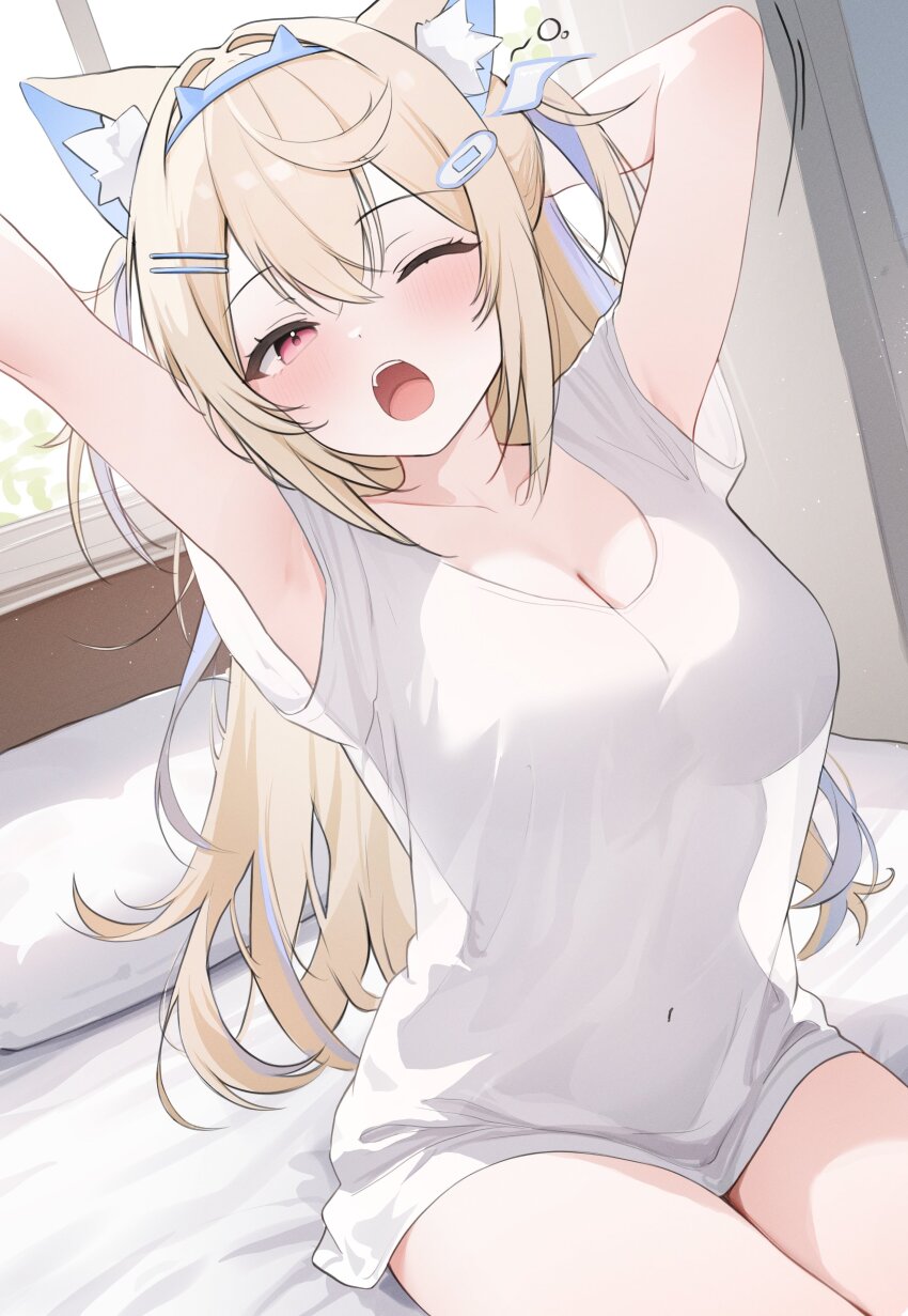 1girl ;o absurdres animal_ear_fluff animal_ears arms_up bandaid bandaid_hair_ornament blonde_hair blue_hairband blue_streaks breasts commentary crossed_bangs day dog_ears dog_girl dog_tail double-parted_bangs fake_horns fuwawa_abyssgard hair_between_eyes hair_ornament hairband hairclip highres hololive hololive_english horn_hairband horns indoors large_breasts long_hair multicolored_hair naked_shirt nyashira on_bed one_eye_closed open_mouth parallel_hairclips pink_eyes see-through_silhouette shirt short_sleeves sitting solo streaked_hair symbol-only_commentary t-shirt tail two_side_up virtual_youtuber waking_up white_shirt yawning