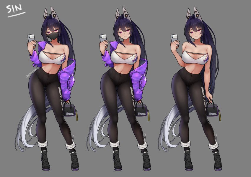 1girl absurdres anklet bag bandeau bare_shoulders black_hair black_mask black_pants black_shoes breasts cellphone character_name cleavage closed_mouth collarbone commentary full_body goddess_of_victory:_nikke gradient_hair grey_background hair_between_eyes hair_intakes headgear high-waist_pants high_ponytail highres holding holding_bag holding_phone jacket jewelry kuronekozero large_breasts long_hair long_sleeves looking_at_viewer mask midriff mouth_mask multicolored_hair navel off_shoulder pants phone ponytail purple_eyes purple_jacket shoes sidelocks simple_background sin_(nikke) single_bare_shoulder smartphone smile standing strapless two-tone_hair very_long_hair white_bandeau white_hair yoga_pants