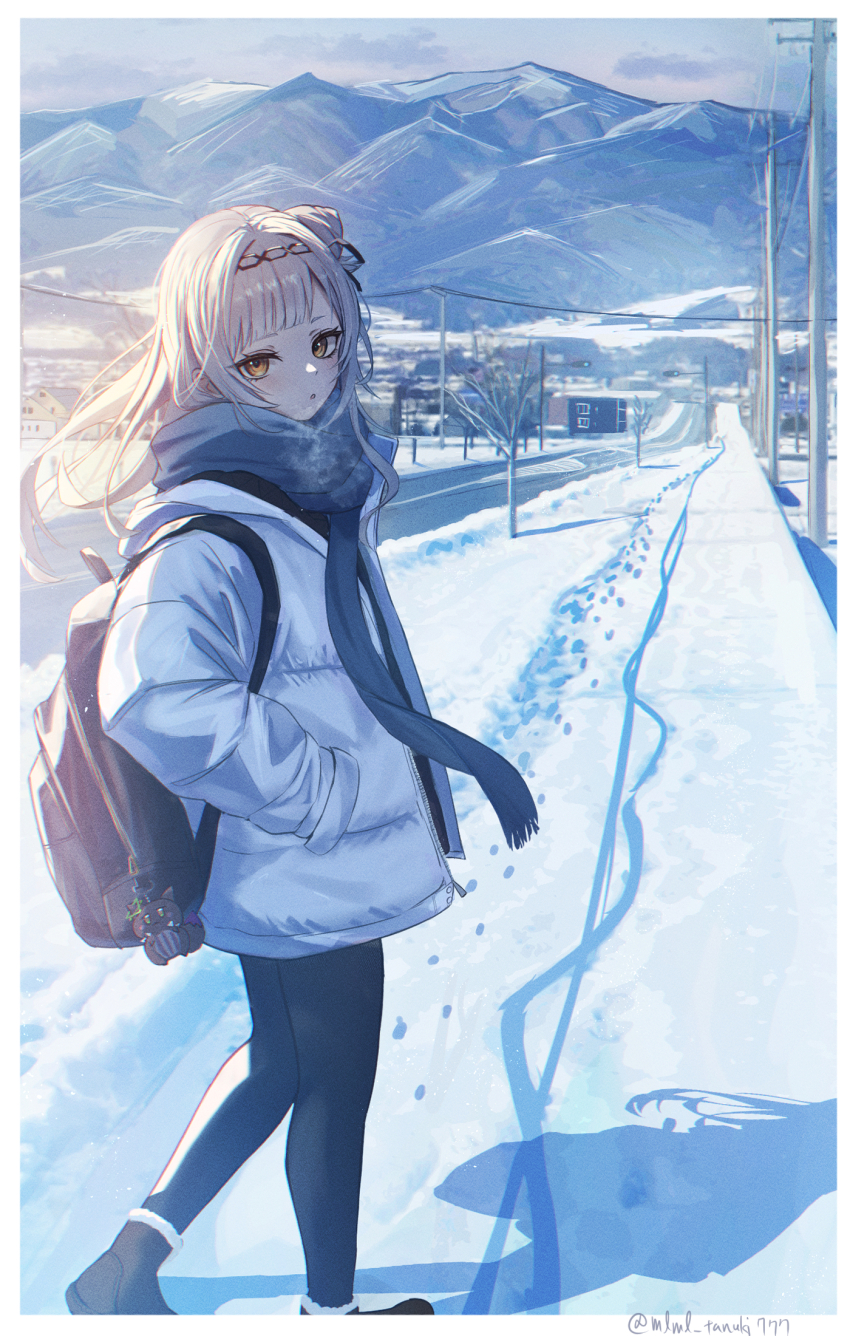 1girl alternate_costume backpack bag bag_charm bare_tree black_pants black_ribbon blunt_bangs boots border breath brown_boots building charm_(object) commentary_request cone_hair_bun down_jacket footprints fur-trimmed_boots fur_trim grey_hair grey_scarf hair_bun hair_ribbon hand_in_pocket headpiece highres hill hololive jacket ky00 leather leather_boots light_blush long_hair looking_at_viewer murasaki_shion open_clothes open_jacket outdoors padded_jacket pants parted_lips ribbon road scarf scenery shadow shiokko_(murasaki_shion) single_side_bun snow solo tree twitter_username utility_pole virtual_youtuber white_border white_jacket winter winter_clothes yellow_eyes