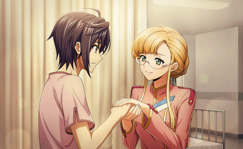 1boy 1girl artist_request black_hair blue_eyes breasts clarice_garfield closed_mouth code_geass code_geass:_lost_stories game_cg glass highres jacket large_breasts long_hair mario_disel military_uniform non-web_source official_art pink_shirt shirt short_hair sidelocks smile