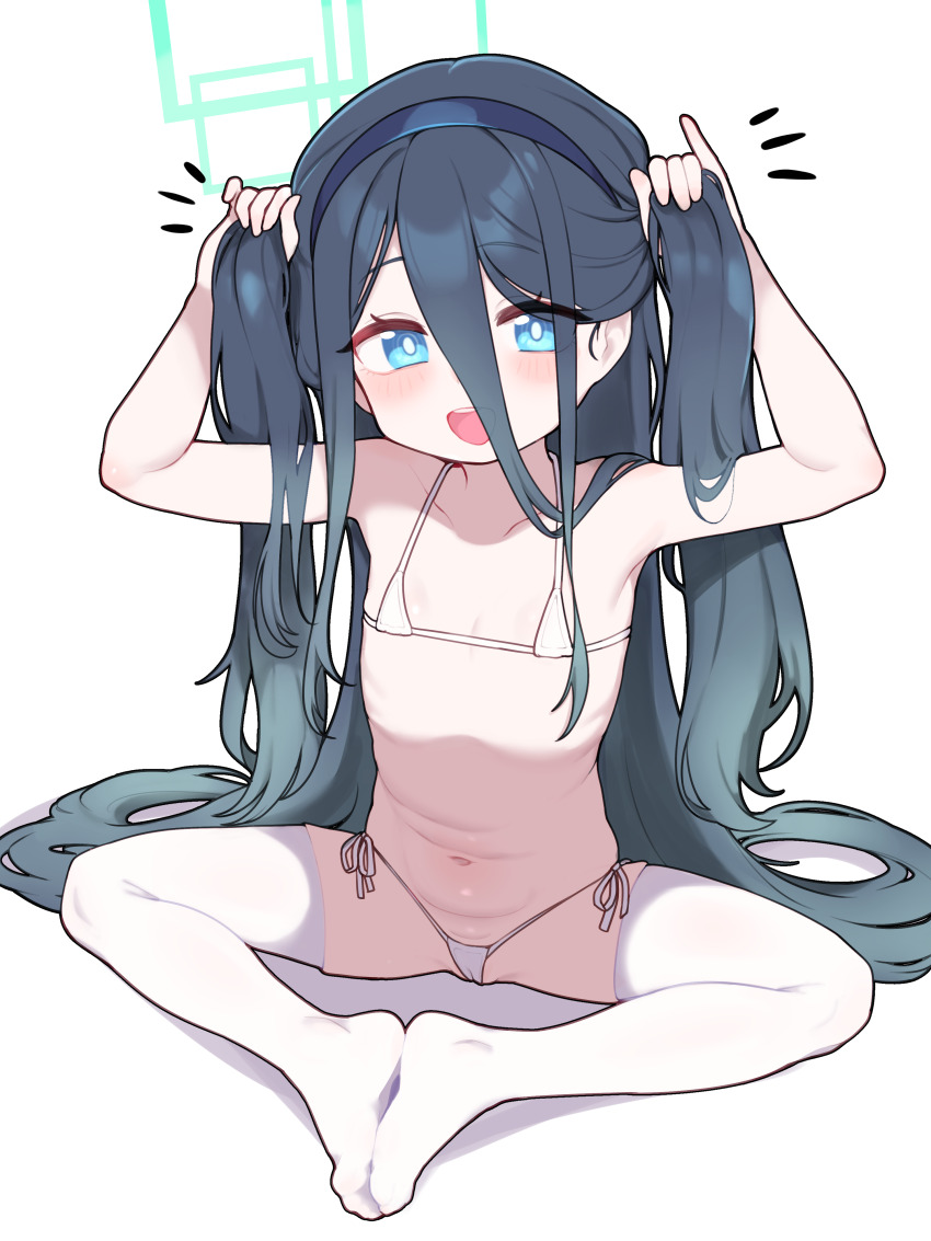 1girl absurdres aris_(blue_archive) bikini black_hair blue_archive blue_eyes blush collarbone commentary flat_chest green_halo hair_between_eyes halo highres holding holding_own_hair lk149 loli long_hair looking_at_viewer micro_bikini navel no_shoes notice_lines open_mouth rectangular_halo side-tie_bikini_bottom simple_background sitting solo spread_legs string_bikini swimsuit teeth thighhighs upper_teeth_only very_long_hair white_background white_bikini white_thighhighs