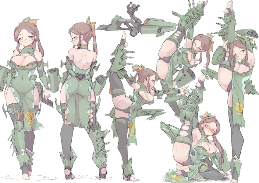 1girl arm_armor armpits arms_up ass back bare_shoulders black_thighhighs blush breasts brown_hair cleavage commentary_request covered_groin covered_navel dress glasses green_dress groin gundam hair_ornament highres large_breasts leg_up leggings leotard logo long_hair long_sidelocks mobile_suit_gundam multiple_views musai orange_eyes personification ponytail round_eyewear science_fiction shoulder_blades sidelocks simple_background split standing standing_front_split standing_on_one_leg standing_split stirrup_legwear sweat thighhighs toeless_legwear torn_clothes torn_leggings weapon white_background yazawa_owl yoga zeon