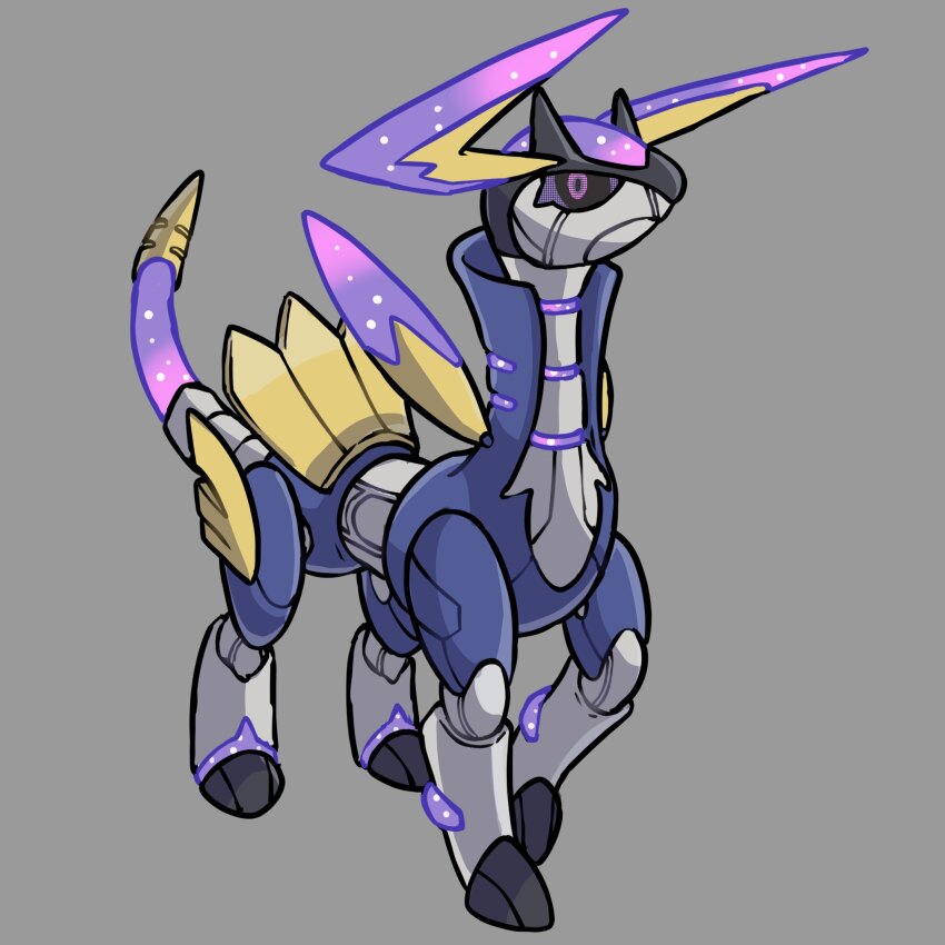 absurdres black_sclera closed_mouth cobalion colored_sclera commentary english_commentary fakemon full_body fusion gen_5_pokemon grey_background highres legendary_pokemon nintendo no_humans non-humanoid_robot original pixel_eyes pokemon pokemon_(creature) pokemon_focus purple_eyes rgreywind robot robot_animal simple_background solo terrakion virizion