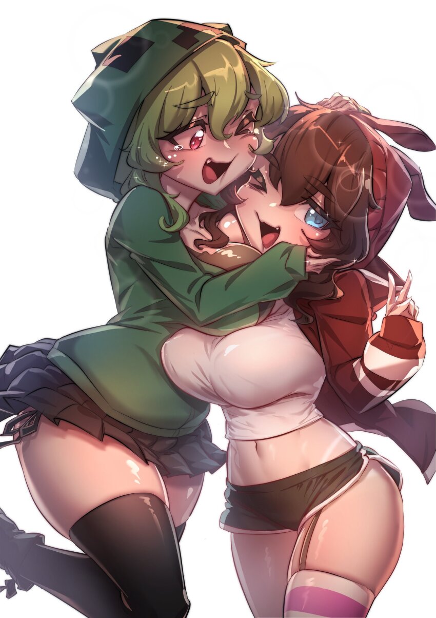 2girls beanie black_shorts black_skirt black_thighhighs blue_eyes breasts brown_hair commentary creeper dolphin_shorts double-parted_bangs english_commentary ermao_wu fang garter_straps green_hair green_hoodie hair_between_eyes hand_up hat highres hood hood_up hoodie hug large_breasts long_sleeves looking_at_another looking_at_viewer medium_hair microskirt minecraft multiple_girls one_eye_closed open_mouth original personification pink_eyes red_hat red_shrug shirt short_shorts shorts shrug_(clothing) simple_background single_garter_strap skirt smile tearing_up thighhighs v white_background white_shirt