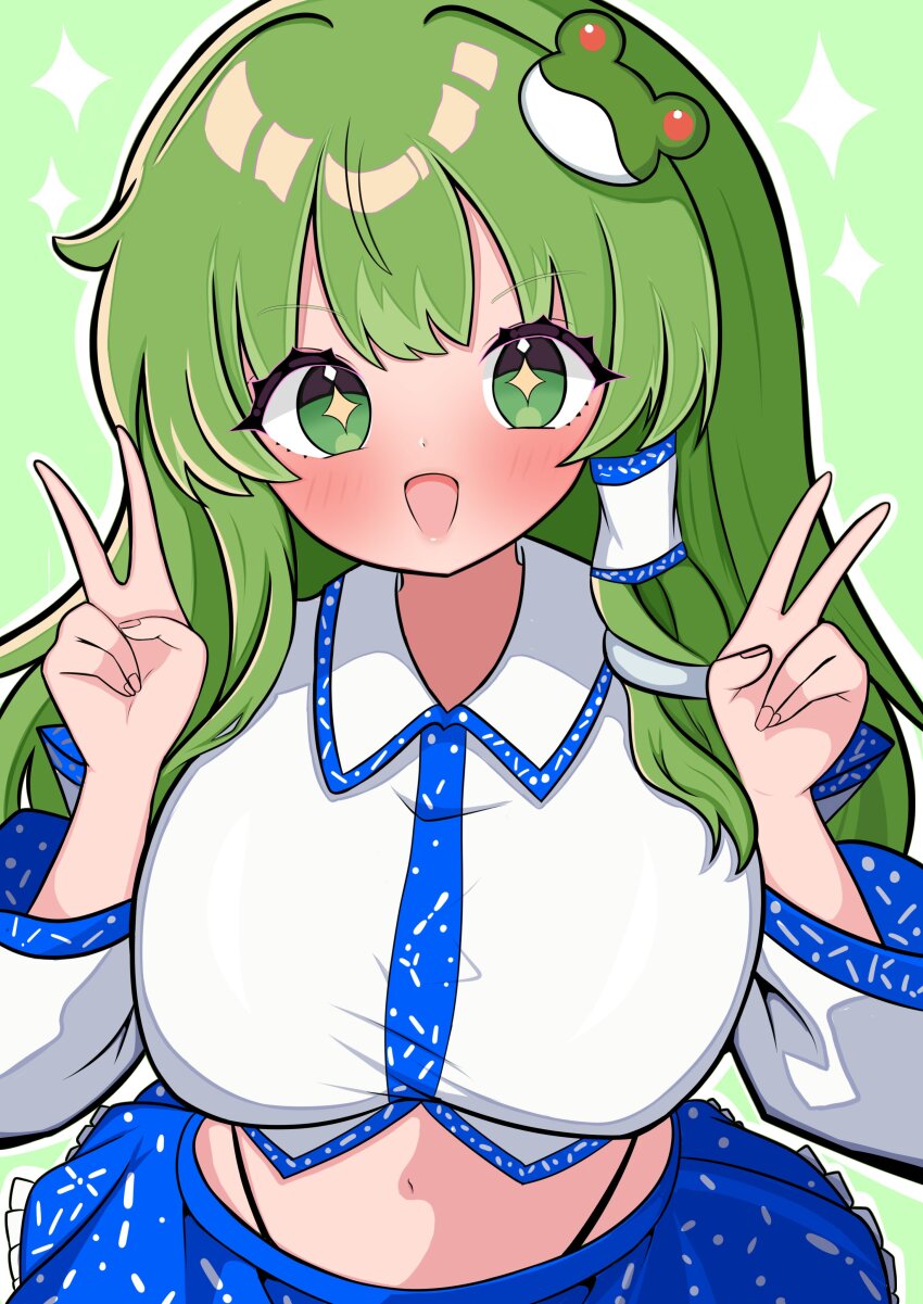 1girl :d absurdres bare_shoulders blue_skirt blush breasts collared_shirt commentary_request detached_sleeves dot_nose double-parted_bangs double_v frilled_skirt frills frog_hair_ornament green_background green_eyes green_hair hair_intakes hair_ornament hair_tubes highleg highleg_panties highres huge_breasts kochiya_sanae kukurukurukuru long_hair long_sleeves looking_at_viewer midriff navel open_mouth panties patterned_clothing print_skirt shirt simple_background single_hair_tube single_sidelock skirt skirt_set sleeveless sleeveless_shirt smile snake_hair_ornament solo sparkle sparkling_eyes stomach touhou underwear upper_body v wide_sleeves