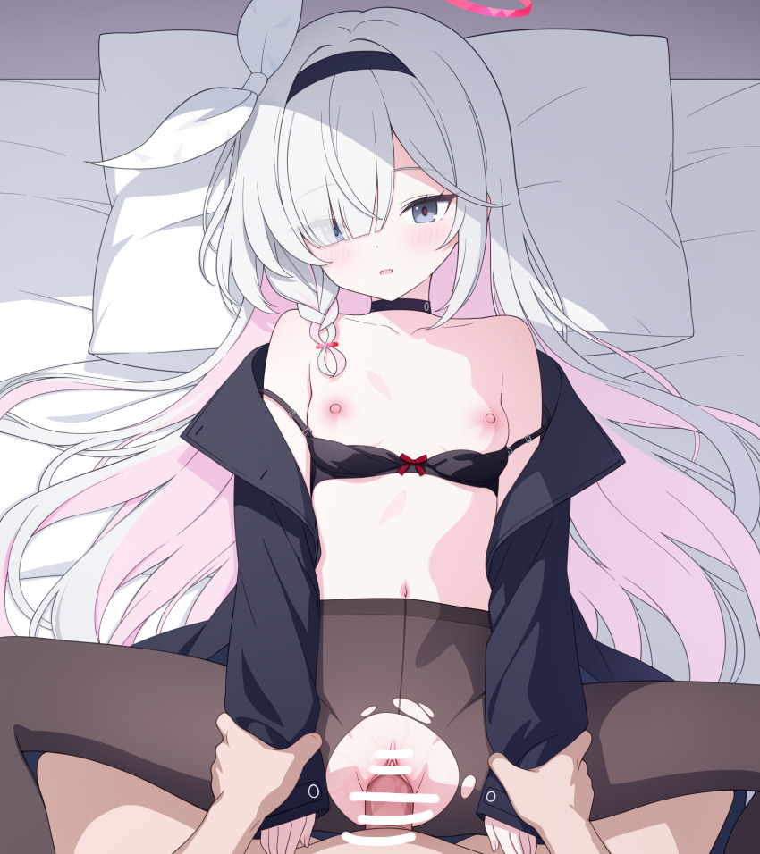 1boy 1girl absurdres bare_shoulders black_choker black_coat black_hairband blue_archive blue_eyes bra bra_pull breasts censored choker clothes_pull coat commentary_request deep_penetration hair_over_one_eye hair_ribbon hairband hetero highres holding_another&#039;s_wrist jacket jacket_pull jyt loli long_hair lying missionary multicolored_hair navel nipples no_bra no_panties off_shoulder on_back on_bed pantyhose penis pink_hair plana_(blue_archive) pov pussy ribbon sex small_breasts solo_focus spread_legs torn_clothes torn_pantyhose two-tone_hair underwear vaginal very_long_hair white_hair white_ribbon
