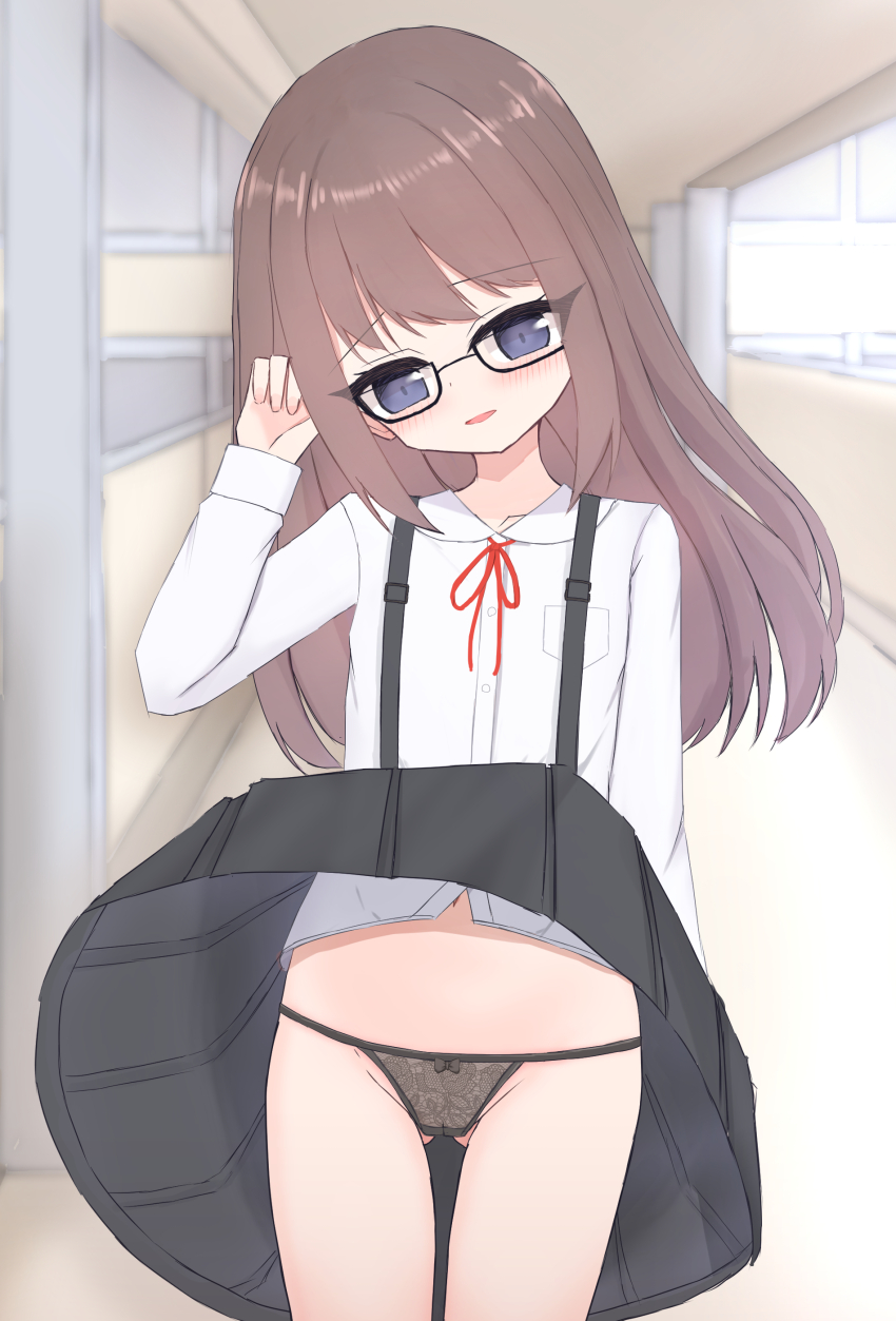 1girl black_bow black_eyes black_panties black_skirt blush bow bow_panties breast_pocket brown_hair cameltoe collarbone flat_chest glasses hallway loli long_hair long_sleeves looking_at_viewer navel neck_ribbon open_mouth original panties pocket red_ribbon ribbon school school_uniform shirt shooko skirt smile standing suspender_skirt suspenders underwear white_shirt wind wind_lift