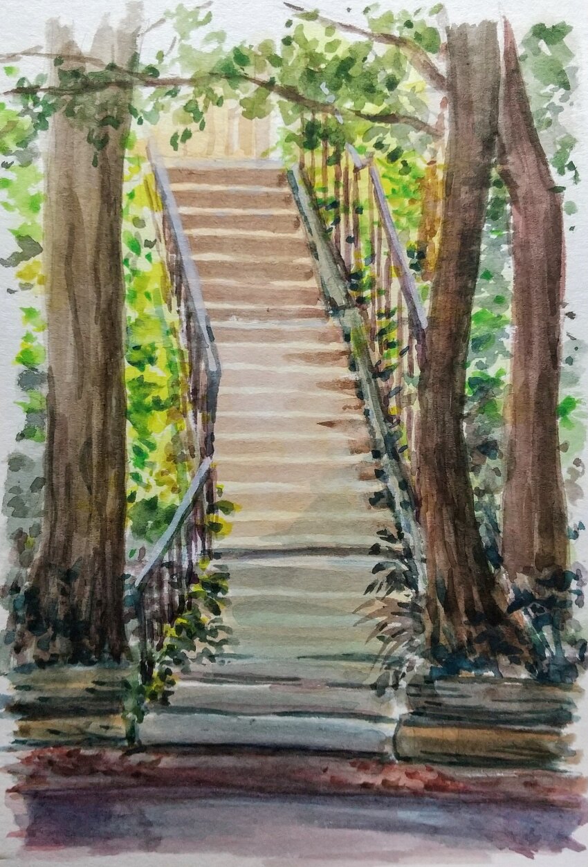 absurdres building commentary_request door fern harusa1107 highres no_humans original painting_(medium) plant railing scenery sketch stairs traditional_media tree