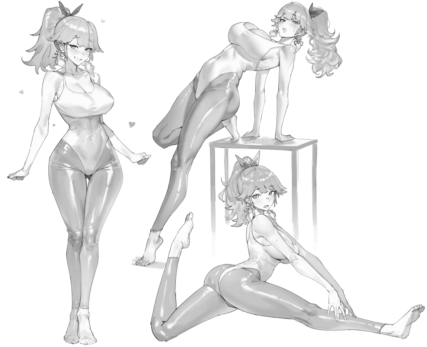 1girl ass barefoot bow breasts commentary covered_navel english_commentary full_body greyscale hair_bow heart high_ponytail highres hololive hololive_english large_breasts leotard long_hair looking_at_viewer maro2ki3 monochrome multiple_views ponytail simple_background skin_tight smile stretching takanashi_kiara takanashi_kiara_(fever_night) virtual_youtuber white_background