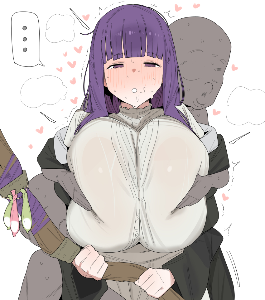 ... 1boy 1girl absurdres age_difference blush breasts citizen_k_(pngj5475) fern_(sousou_no_frieren) grabbing_another's_breast grabbing_from_behind groping heart highres huge_breasts long_hair looking_at_viewer purple_eyes purple_hair shota simple_background size_difference sousou_no_frieren speech_bubble staff staff_(weapon) stray_pubic_hair sweat white_background