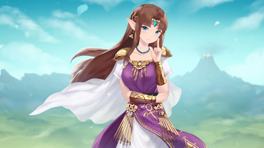 1girl bead_necklace beads blurry blurry_background breasts brown_hair cait_aron closed_mouth cloud collarbone cowboy_shot day dress earrings forehead_jewel grass green_eyes hand_up highres index_finger_raised jewelry large_breasts long_hair mountain necklace nintendo outdoors parted_bangs petals pointy_ears princess_zelda purple_dress shoulder_plates smile solo the_legend_of_zelda the_legend_of_zelda:_ocarina_of_time triforce