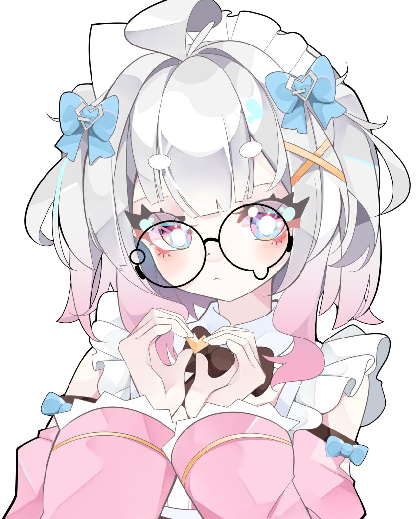 1girl :&lt; absurdres ahoge alternate_hair_color berrychan00 bow colored_tips commentary densetsu.exe detached_sleeves english_commentary grey_hair hair_bow hair_ornament heart heart_hands highres long_sleeves looking_at_viewer maid_headdress medium_hair mint_fantome mint_fantome_(minto_2.0) multicolored_hair pink_hair round_eyewear simple_background solo teardrop-framed_glasses upper_body virtual_youtuber white_background x_hair_ornament