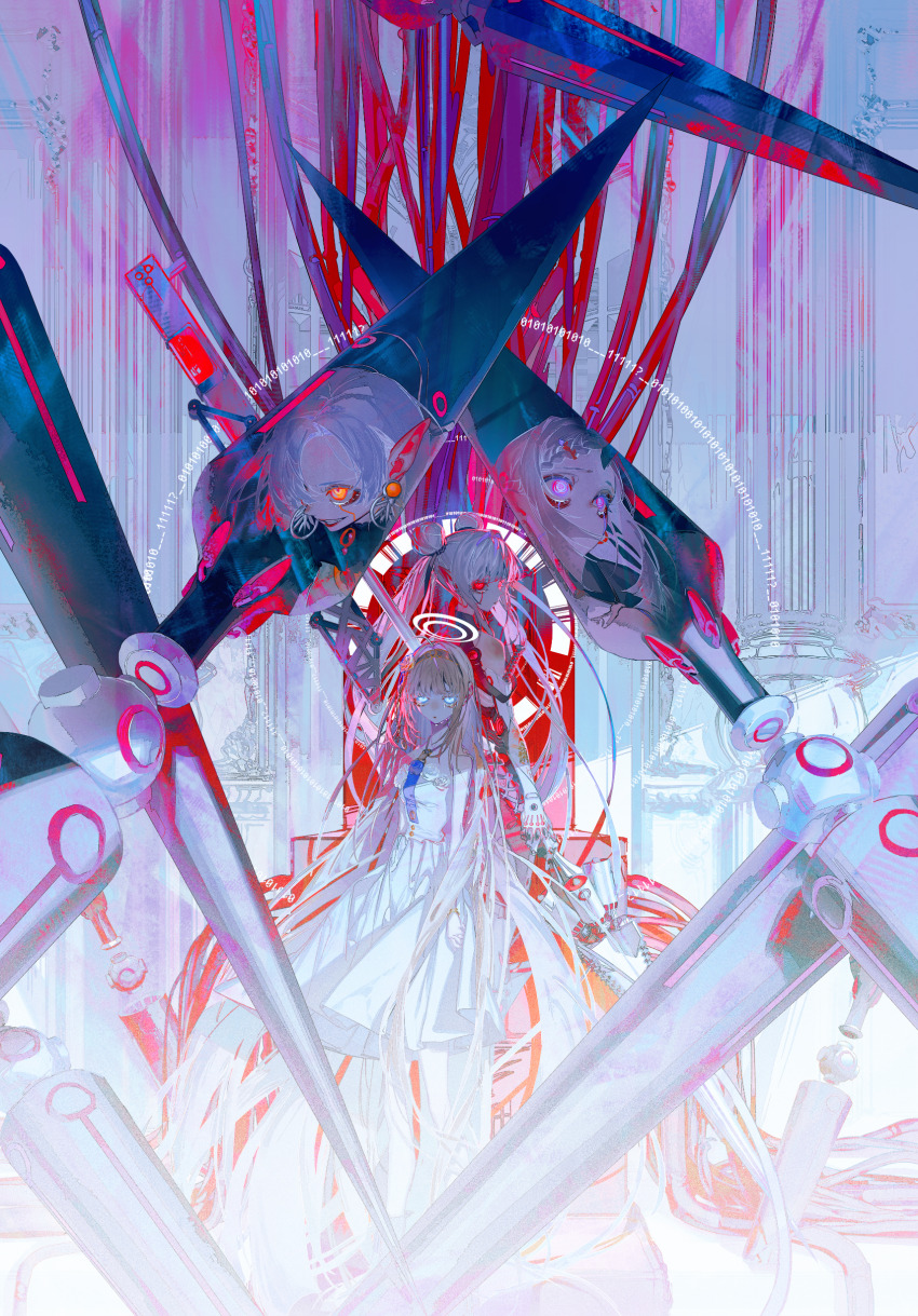 4girls absurdres ami_shido_(crymachina) bare_arms bare_shoulders black_shirt blonde_hair blue_eyes bracelet copyright_name crymachina double_bun double_halo dress dress_flower earrings enoa_(crymachina) eyeshadow floating floating_object flower flower_ornament glowing glowing_eyes gold_hairband grey_hair hair_bun hair_intakes hairband halo highres holding holding_weapon horns huge_weapon jewelry leben_distel_(crymachina) long_hair long_neck long_pointy_ears makeup mechabare mechanical_arms medium_hair mikoto_sengiku_(crymachina) multicolored_eyes multiple_girls official_art orange_eyes pointy_ears purple_eyes red_eyes reflection rolua rose shirt single_horn twintails weapon white_dress