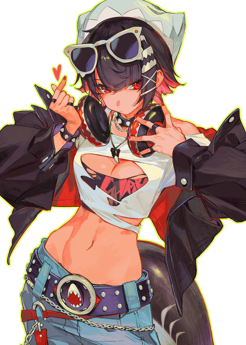 1girl belt black_belt black_hair black_jacket breasts cleavage commentary daniel_deng denim ellen_joe eyewear_on_head headphones highres jacket jeans large_breasts looking_at_viewer midriff navel pants red_eyes red_hair shirt short_hair simple_background solo torn_clothes torn_shirt white_background white_shirt zenless_zone_zero