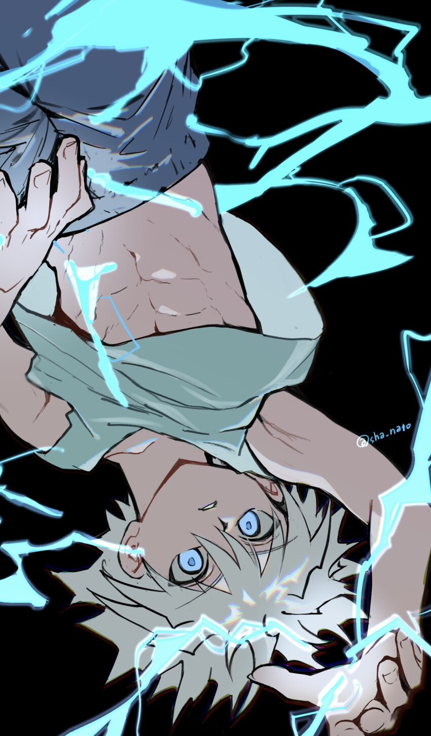 1boy abs arm_up black_background blue_eyes blue_shirt collarbone dutch_angle electricity electrokinesis highres hunter_x_hunter killua_zoldyck male_focus midriff navel parted_lips sha_nato shirt short_hair solo spiked_hair tank_top toned toned_male twitter_username upside-down white_hair