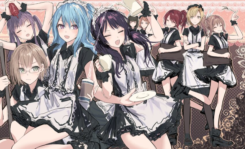 6+girls bang_dream! bang_dream!_girls_band_party! black_boots black_dress black_pantyhose blue_hair boots bottle brown_hair character_request collared_dress commentary_request cup decantering dress futaba_tsukushi glasses green_eyes grey-framed_eyewear grin halftone halftone_background highres holding holding_bottle holding_cup holding_key holding_plate ketchup_bottle key lace_background long_hair long_sidelocks low_twintails maid matsubara_kanon medium_dress medium_hair multiple_girls one_side_up pantyhose plate pouring purple_eyes purple_hair raised_eyebrow sato_masuki short_dress short_sleeves sidelocks smile sweatdrop taiko_satomi trait_connection twintails udagawa_ako udagawa_tomoe v-shaped_eyebrows yamabuki_saya yamato_maya yukitake_(bullfalk)