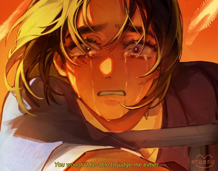 1girl alien_stage artist_name black_hair commentary crying crying_with_eyes_open english_commentary english_text highres orange_sky short_hair sky solo sua_(alien_stage) subtitled sun tears tuofu