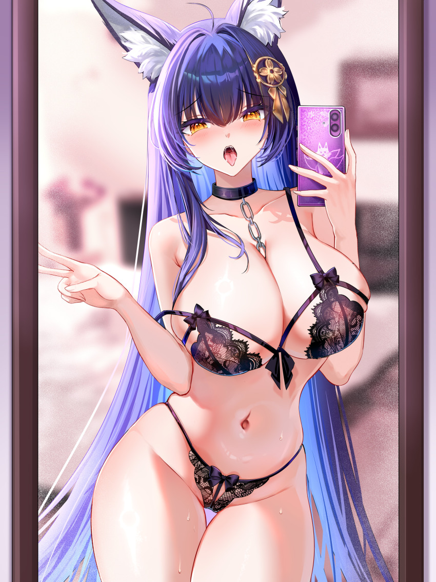 1girl absurdres akusamu alternate_costume animal_ear_fluff animal_ears azur_lane black_bra black_choker black_panties blurry blurry_background bow bow_panties bra breasts cellphone chain chain_between_breasts choker collarbone commentary covered_erect_nipples cowboy_shot full-length_mirror highres holding holding_phone huge_breasts indoors lace lace_bra lace_panties long_hair mirror mirror_selfie musashi_(azur_lane) navel open_mouth panties phone purple_hair reflection reflection_focus selfie smartphone solo strap_slip tongue tongue_out underwear v variant_set very_long_hair yellow_eyes