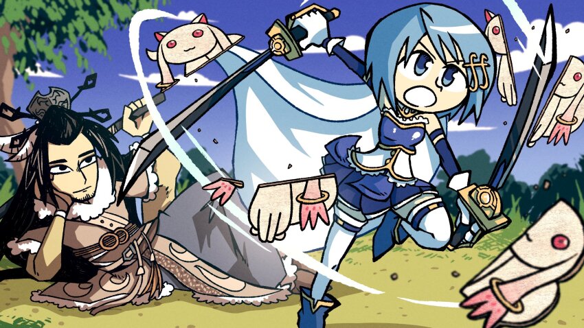 1boy 1girl :3 beard_stubble black_eyes black_hair blue_boots blue_eyes blue_hair blue_sky boots cape cardboard_cutout closed_mouth cloud commentary commission creator_connection crossover cutting dual_wielding english_commentary facial_hair frills fur_trim hair_ornament hand_on_own_cheek hand_on_own_face highres holding holding_sword holding_weapon kyubey light_smile long_hair lying magical_girl mahou_shoujo_madoka_magica miki_sayaka miki_sayaka_(magical_girl) on_side open_mouth setz shang_bu_huan short_hair sky stubble swinging_weapon sword thunderbolt_fantasy tree weapon white_mouth xiao_guan_(headdress)
