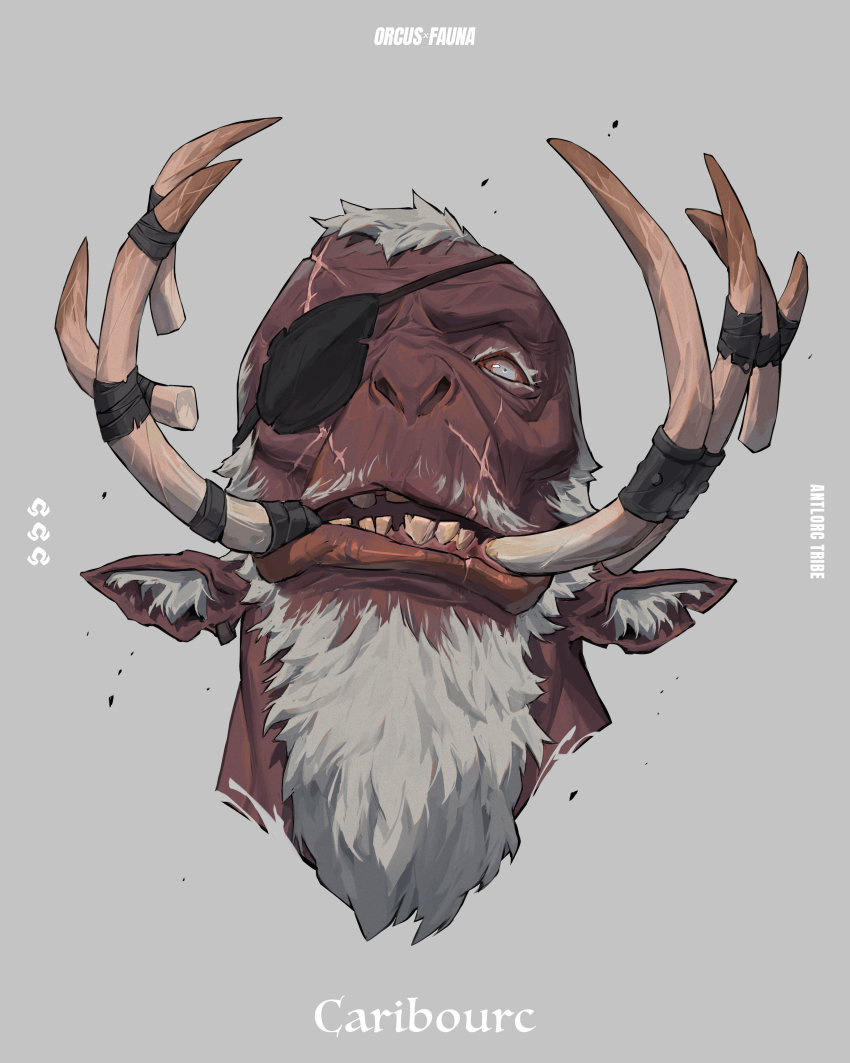 1boy absurdres character_name commentary deer_boy english_commentary eyepatch grey_background highres long_tusks male_focus monster_boy orc original patrick_ganas portrait scar scar_on_face simple_background solo tusk_ring white_eyes