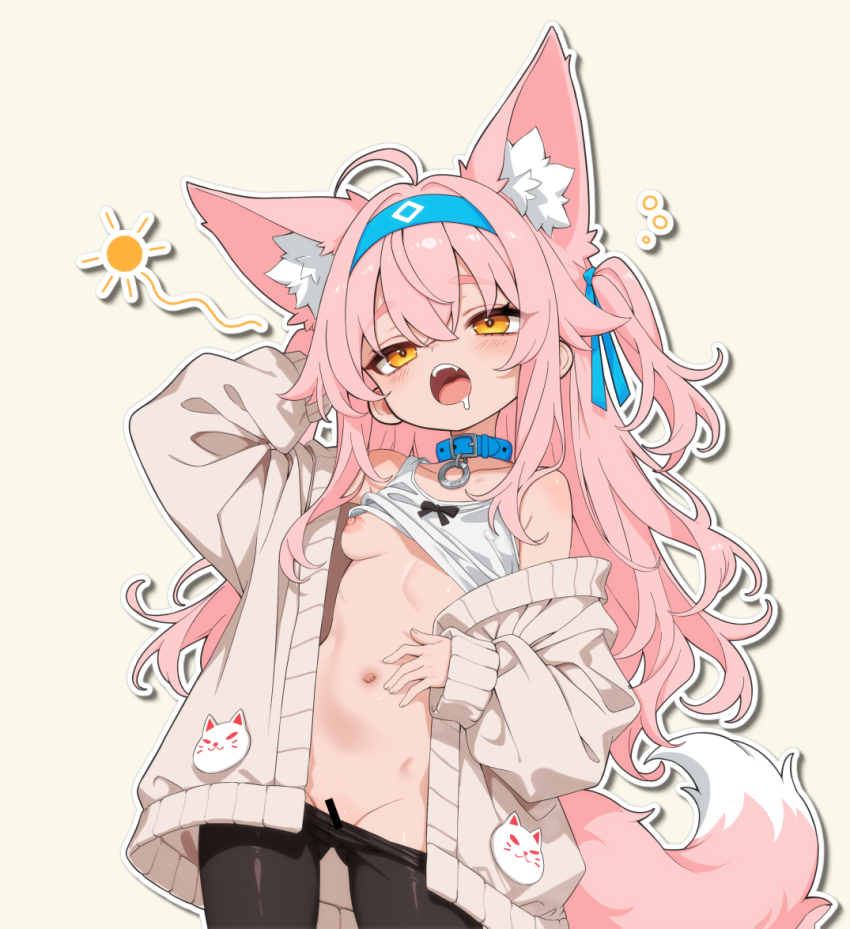 1girl :o ahoge animal_collar animal_ears bar_censor black_bow black_pantyhose blue_collar blue_hairband bow breasts brown_background brown_cardigan cardigan censored clothes_lift clothes_pull collar cowboy_shot drooling drop_shadow fang fox_ears fox_girl fox_tail hairband hand_on_own_stomach hand_up loli long_hair long_sleeves mouth_drool mutsuse navel nipples no_bra no_panties off_shoulder one_breast_out open_cardigan open_clothes open_mouth original outline pantyhose pantyhose_pull pink_hair pink_tail saliva single_off_shoulder small_breasts solo squeans standing stomach tail tank_top white_outline white_tank_top yellow_eyes