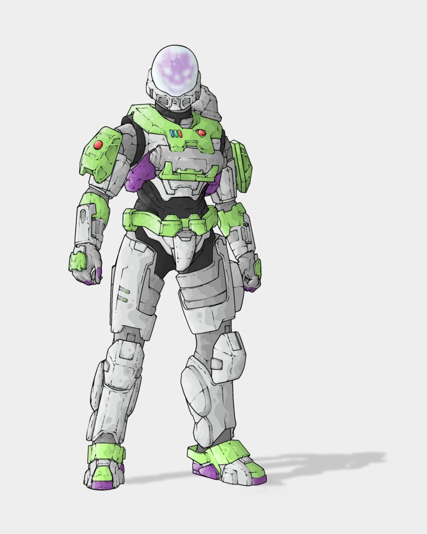1boy armor assault_visor buzz_lightyear clenched_hands commentary creedxdesign english_commentary full_body fusion grey_background halo:_reach halo_(series) halo_infinite helmet highres male_focus power_armor shadow solo spartan_(halo) toy_story