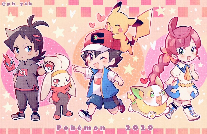 1girl 2boys ;d antenna_hair artist_name ash_ketchum baseball_cap black_hair black_legwear blue_eyes blush chibi chloe_(pokemon) closed_mouth commentary copyright_name dated dog dress fangs gen_1_pokemon gen_4_pokemon gen_8_pokemon goh_(pokemon) hair_ornament hairclip hand_up hat heart highres holding holding_poke_ball jacket multiple_boys nintendo on_head one_eye_closed open_mouth pikachu poke_ball pokemon pokemon_(anime) pokemon_(creature) pokemon_journeys pokemon_on_head raboot rotom rotom_phone shoes short_sleeves shorts side_slit smile socks tongue watermark yamper yataba_(pk_ytb)