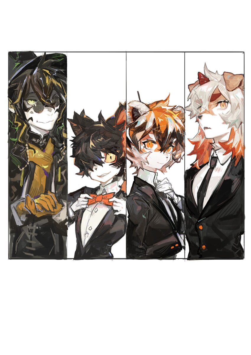 1girl 3boys aak_(arknights) animal_ears arknights black_headwear black_necktie black_suit chinese_commentary dragon_boy formal_clothes from_side furry furry_female furry_male gloves highres horns hung_(arknights) lee_(arknights) looking_at_viewer multicolored_hair multiple_boys mythological_creature necktie one_eye_covered open_mouth pipidan red_necktie round_eyewear scarf shirt single_horn smile suit tiger_ears tiger_girl waai_fu_(arknights) white_background white_shirt yellow_gloves yellow_scarf