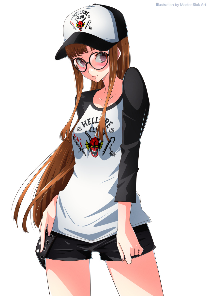 atlus brown_hair commission commissioner_upload glasses hat hellfire_club_(stranger_things) looking_at_viewer master_sick_art megami_tensei persona persona_5 raglan_shirt sakura_futaba shirt shorts stranger_things white_background