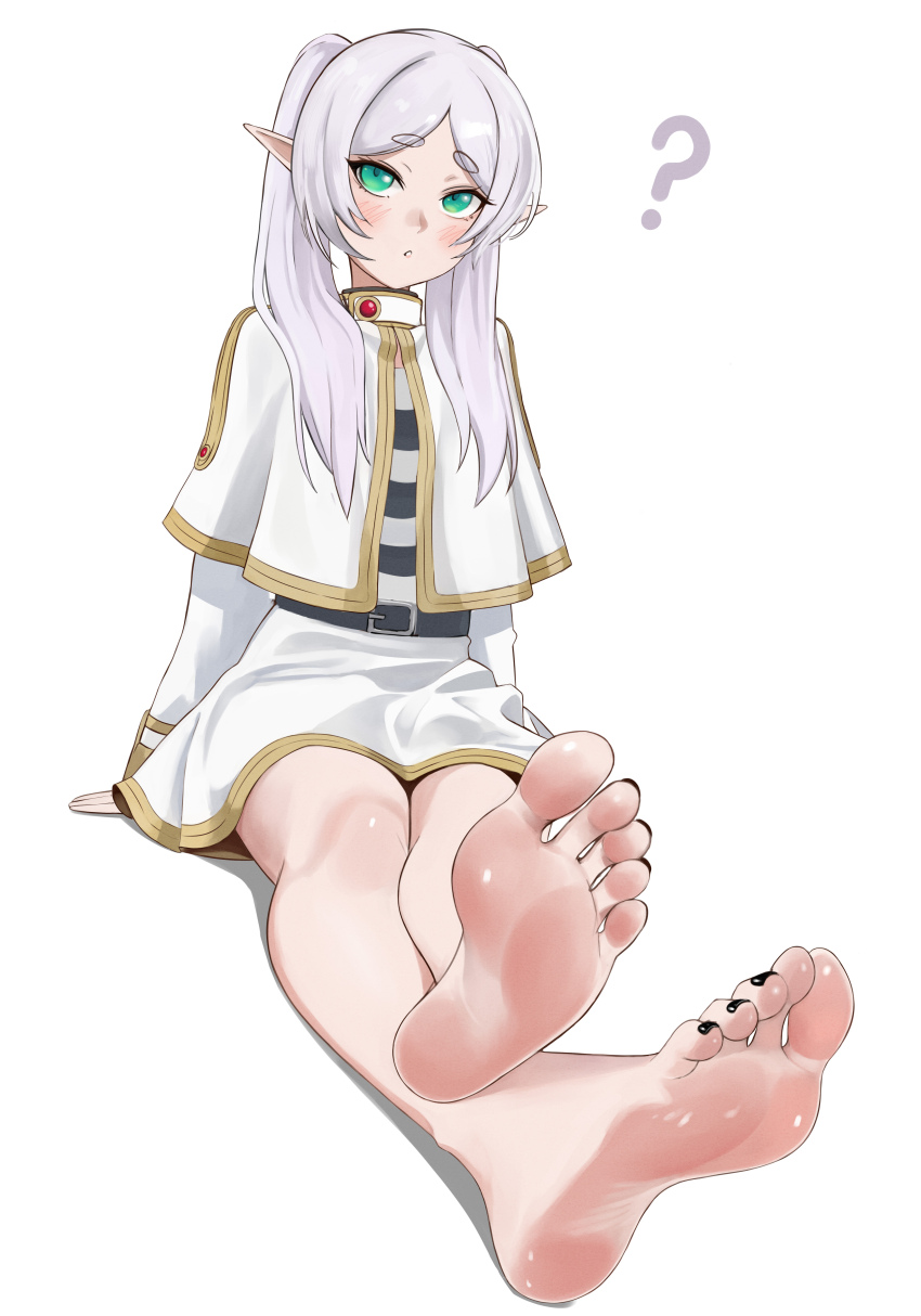 1girl absurdres barefoot blush feet frieren green_eyes highres long_hair looking_at_viewer mimiminano parted_lips pointy_ears soles sousou_no_frieren toes twintails white_hair